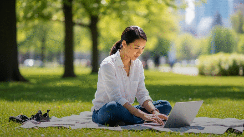 Professional working on a laptop in a park, focused and calm, showcasing adaptability in a non-traditional remote work setting.