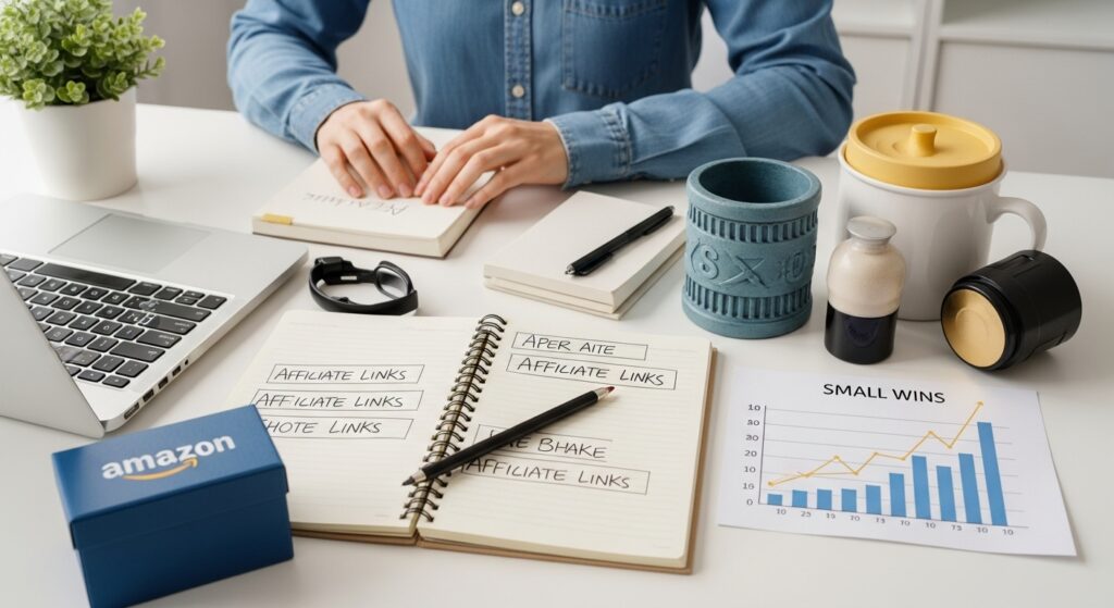 A realistic photo of a blogger at a desk with a laptop, affiliate product samples like Amazon items, and a handwritten earnings graph, showing passive income streams and how to make money online through affiliate marketing.