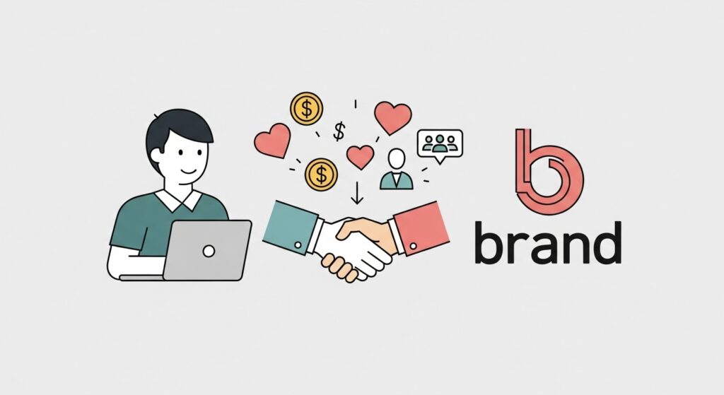 Illustration of a blogger and brand shaking hands with icons representing money, trust, and connection.