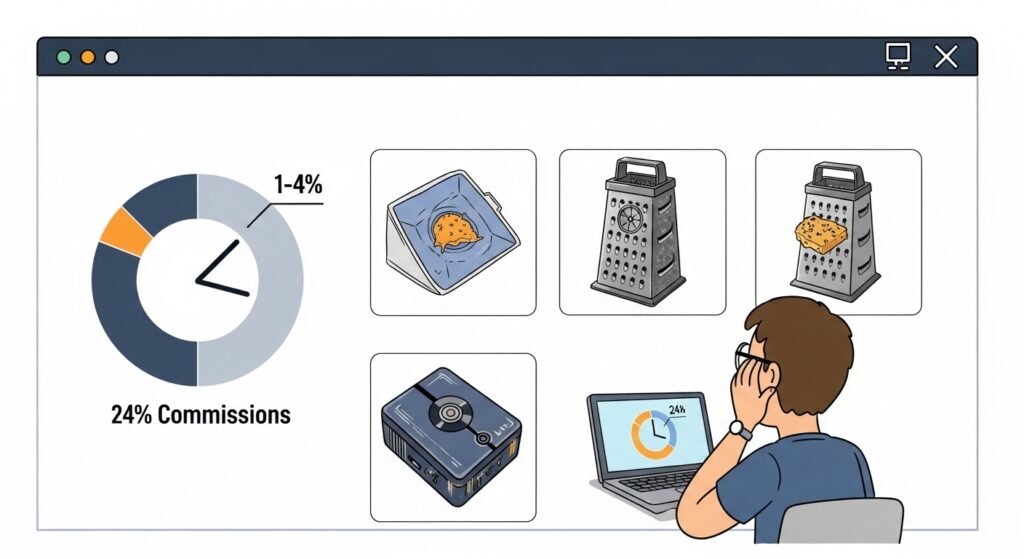 Blogger scrolling through random quirky Amazon products with a pie chart showing low commission rates.