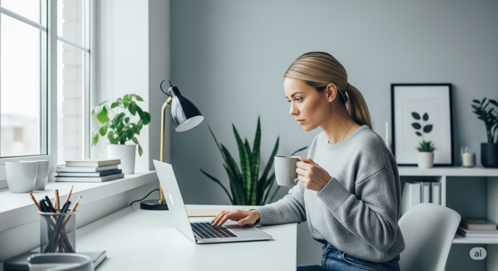 Young person setting up an online business using a laptop at home