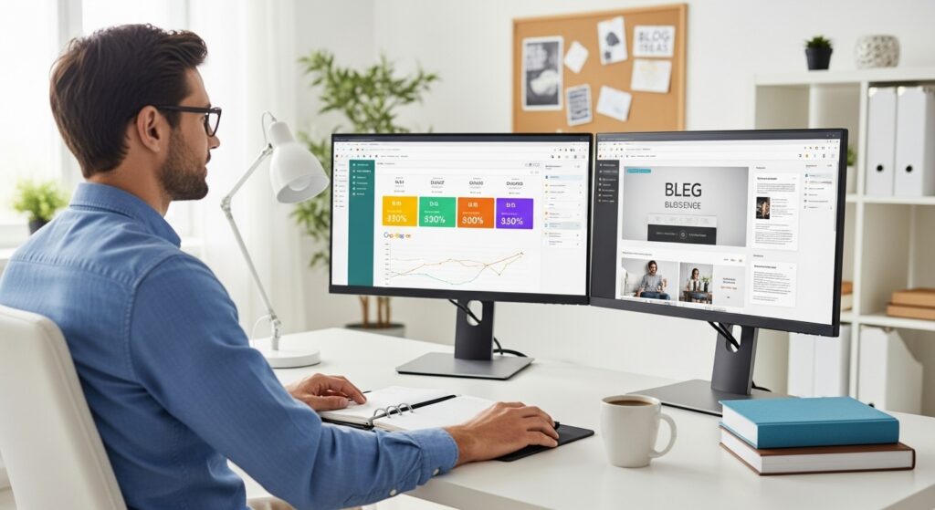 Male blogger at desk with dual monitors analyzing Google AdSense data for blog monetization in modern home office.