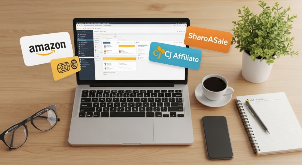 Overhead view of a cozy blogger desk setup with a laptop, coffee mug, smartphone, and affiliate platform icons.