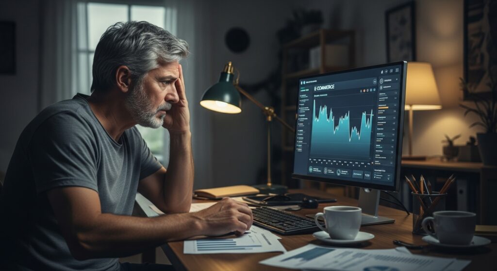 Entrepreneur examining data on screen after dropshipping missteps