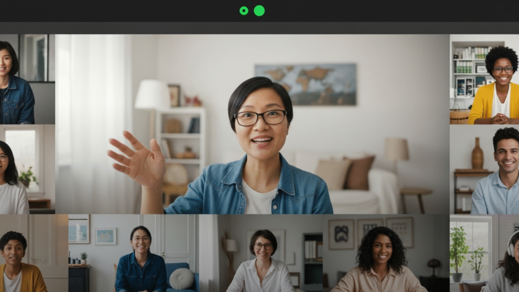 Virtual meeting on a laptop screen with a diverse group of colleagues in unique home settings, highlighting collaborative intelligence in remote team environments.