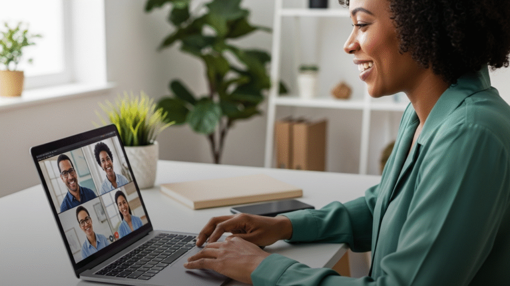 Professional engaged in a video call with diverse colleagues on a laptop screen, smiling in a well-organized home office, illustrating effective communication skills for remote work.