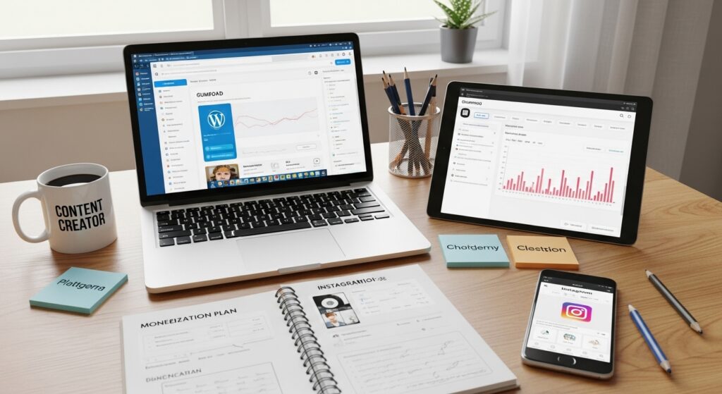Creator’s desk with laptop on WordPress, tablet on Gumroad, and phone on Instagram Insights for monetization.