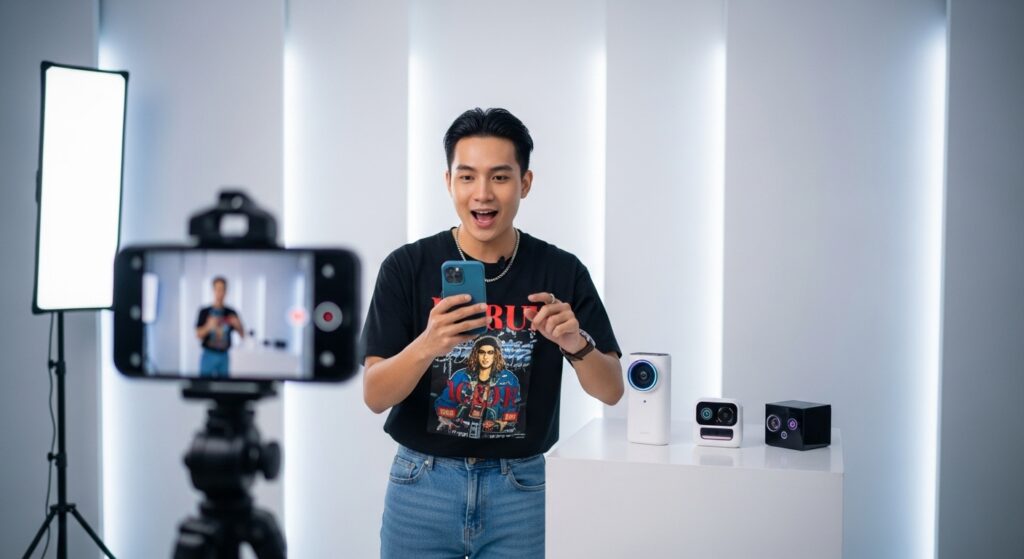 Content creator showcasing a product in a short video for social media marketing