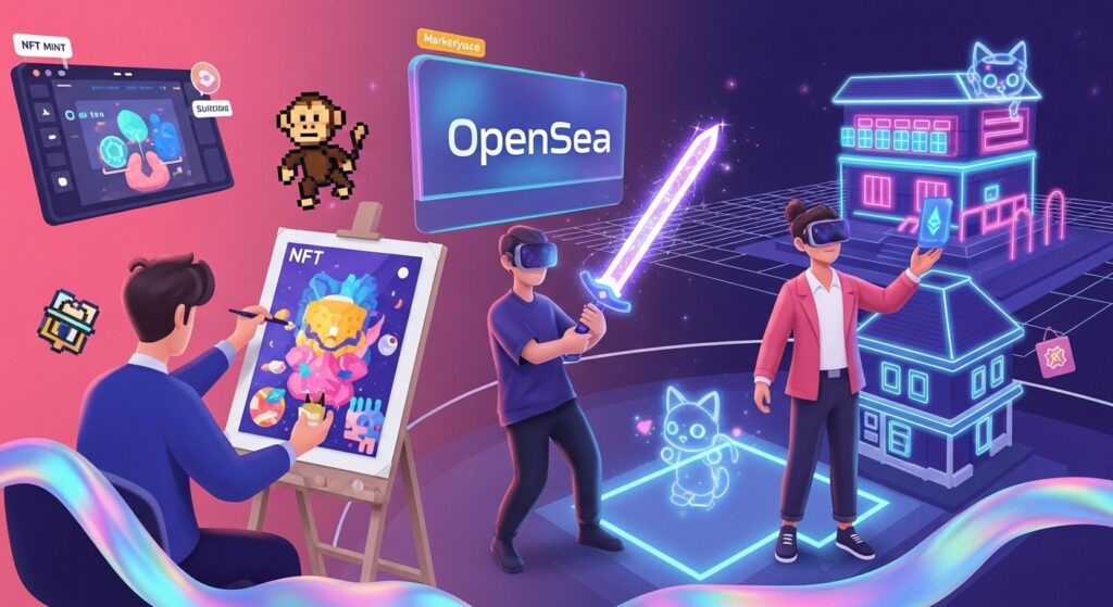 A bustling metaverse marketplace with a digital artist minting an NFT, a gamer with a glowing sword, and a real estate agent showcasing virtual land, featuring OpenSea and a pixelated monkey, in vibrant pink and purple hues.