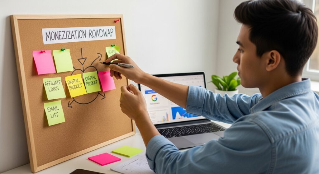 Content creator pinning monetization roadmap with affiliate links and email list plans on corkboard in office.
