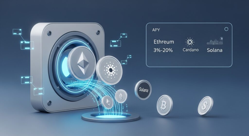 A sleek digital vault with glowing Ethereum, Cardano, and Solana coins locked in a staking pool, with smaller coins flowing out as rewards and a dashboard showing 3%-20% APY, in a calming blue and silver palette.
