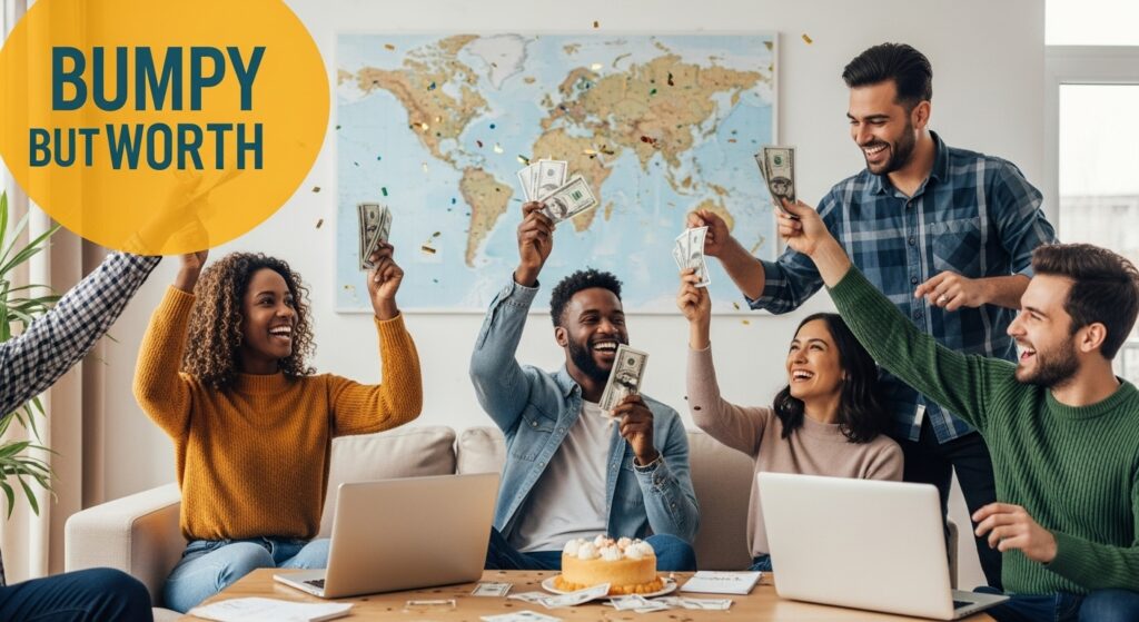 A realistic photo of a diverse group celebrating with laptops, cash, a world map, and confetti, reflecting the journey of how to earn money from online platforms and make money online.