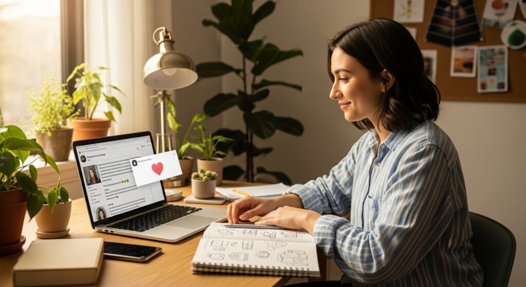 Female content creator in cozy home office reading blog comments, surrounded by plants, promoting eco-living trust.