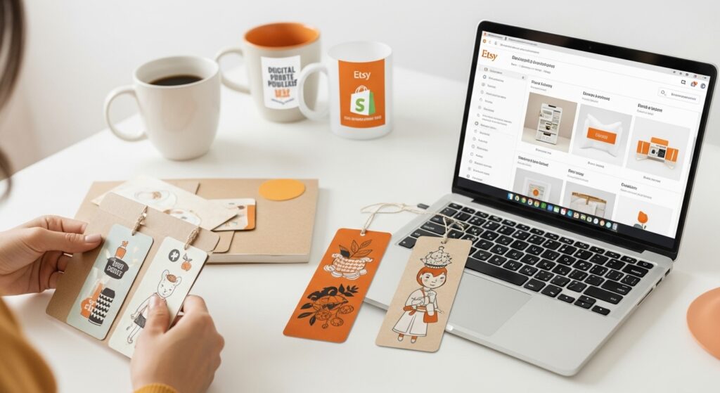 A realistic photo of an entrepreneur packaging handmade bookmarks in a craft room, with a laptop showing an Etsy dashboard and product mockups like mugs, highlighting digital side hustles and how to earn money from online platforms.