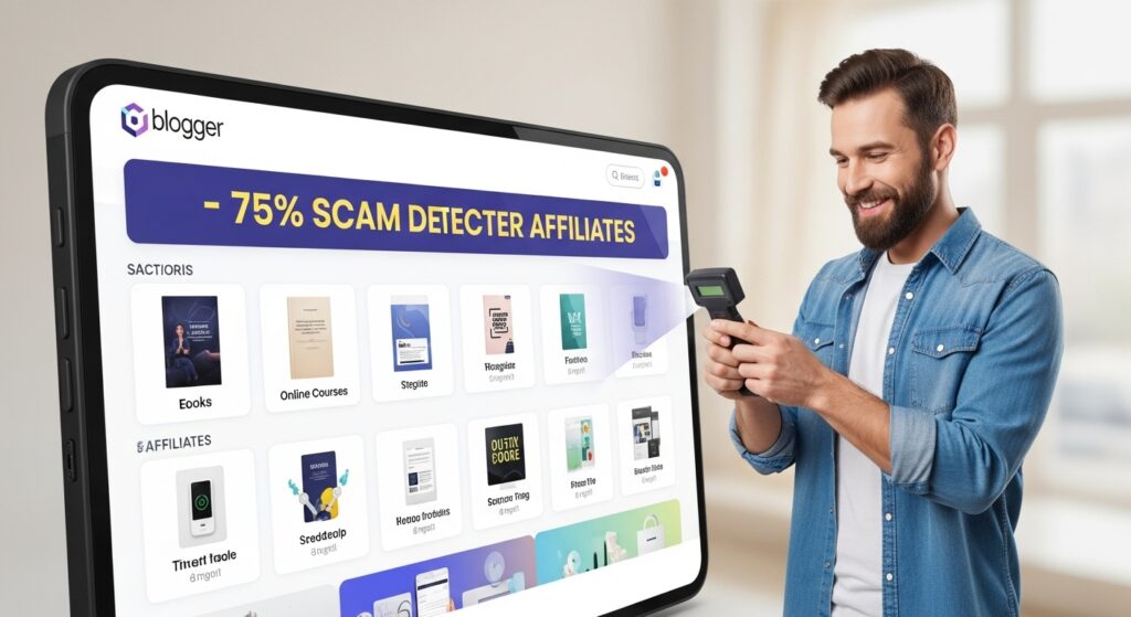 Blogger sorting through digital products with a high commission sign and subscription icons.