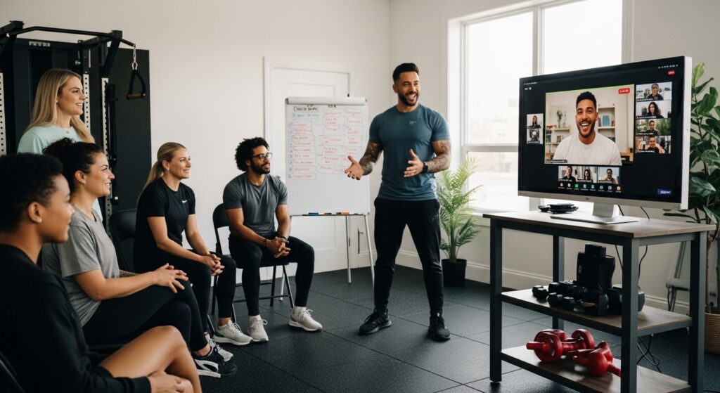 Diverse fitness creators hosting live Patreon Q&A on Zoom in studio, engaging subscription community members.