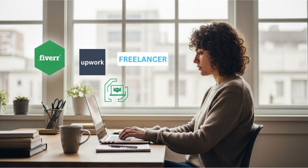 A person freelancing on a laptop with icons of top freelance websites.