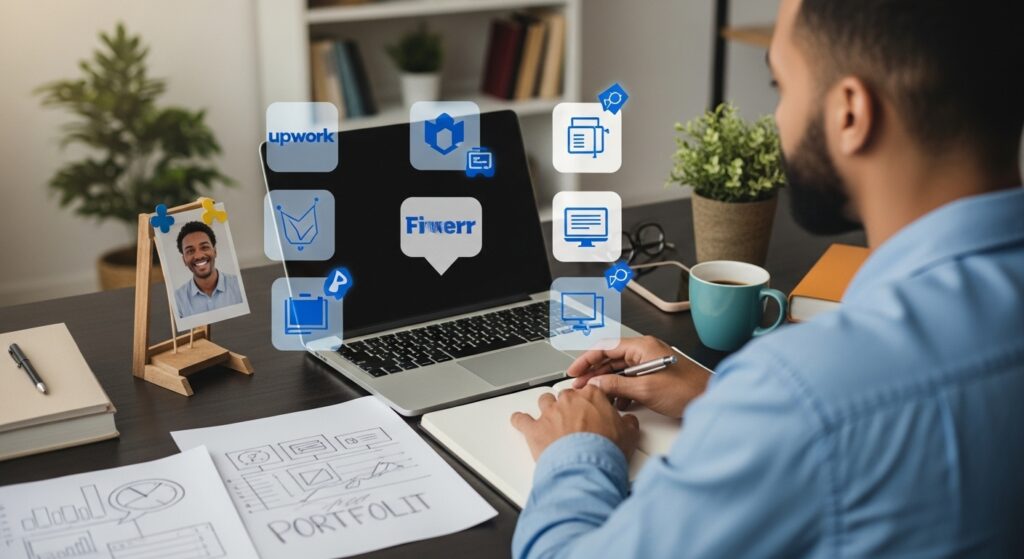 A realistic photo of a freelancer typing on a laptop at a cluttered desk with a notepad, coffee mug, and printed portfolio sketches, including a selfie headshot, showcasing monetizing skills online through freelancing platforms like Upwork.