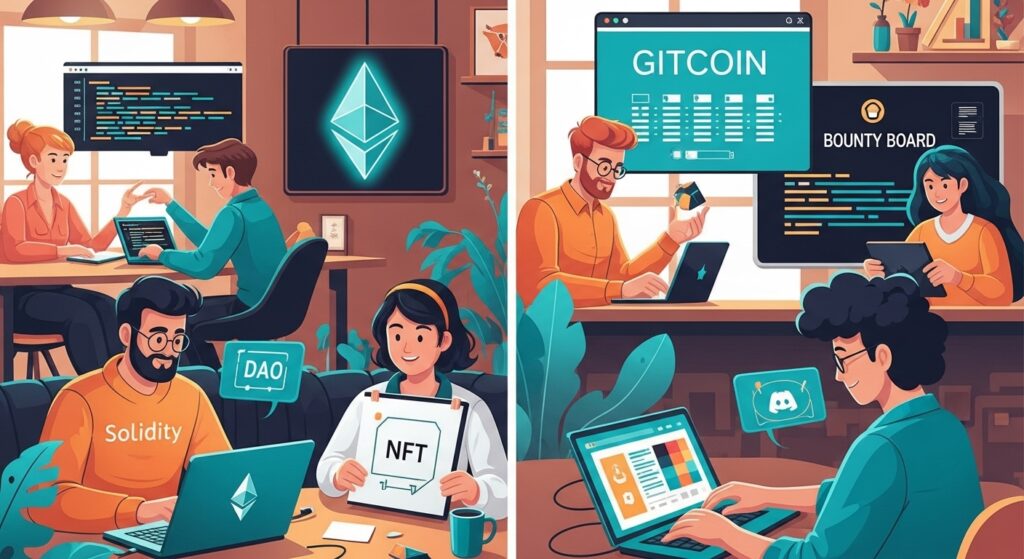A vibrant co-working space with freelancers coding Solidity, sketching NFTs, and managing a Discord server, featuring a glowing Ethereum logo, a Gitcoin bounty board, and a DAO voting interface, in warm orange and teal tones.