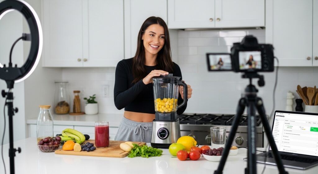 Female influencer filming TikTok video with blender in kitchen, promoting affiliate marketing for health niche.