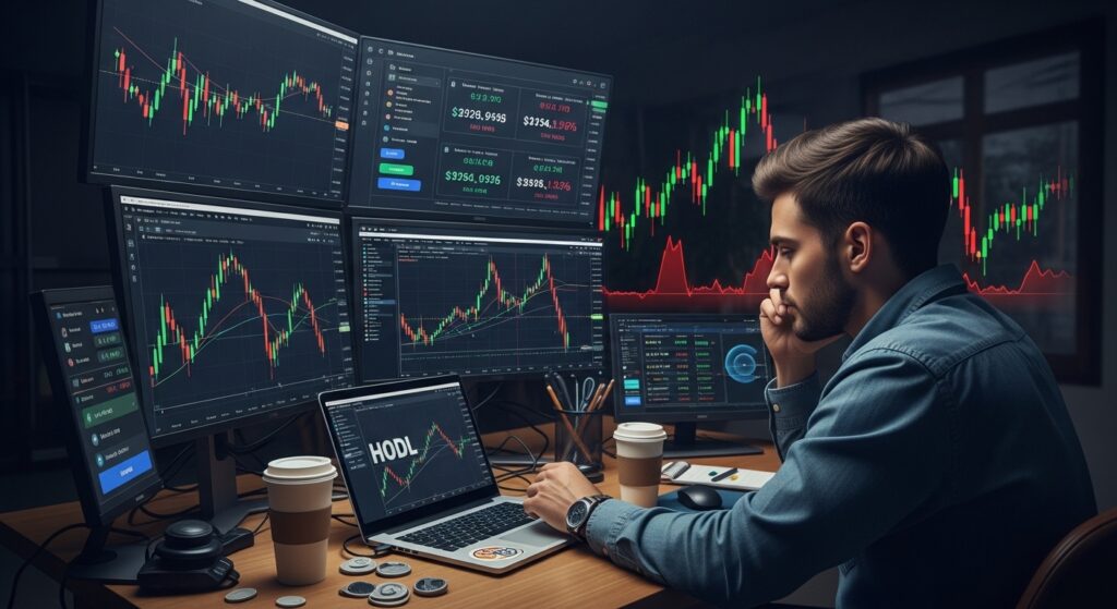 A young trader at a desk with multiple monitors showing candlestick charts and crypto exchange interfaces for Bitcoin and Ethereum, with a 'HODL' sticker on the laptop and scattered coffee cups, in a tech-heavy dark mode aesthetic.
