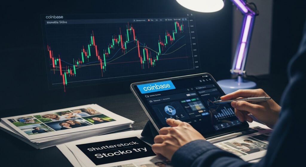 A realistic photo of a person analyzing a tablet with stock charts, cryptocurrency screens, and printed stock photos on a desk with Coinbase branding, representing monetizing skills online through investing.