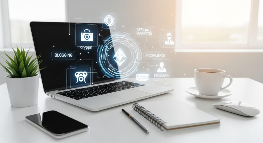 A modern desk setup with digital icons symbolizing online income sources like blogging, crypto, and freelancing.