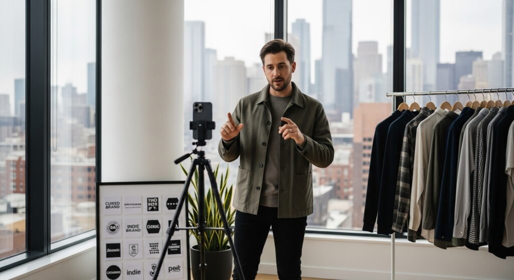 Male TikToker filming men’s fashion video with sustainable jacket in loft, promoting brand deals.