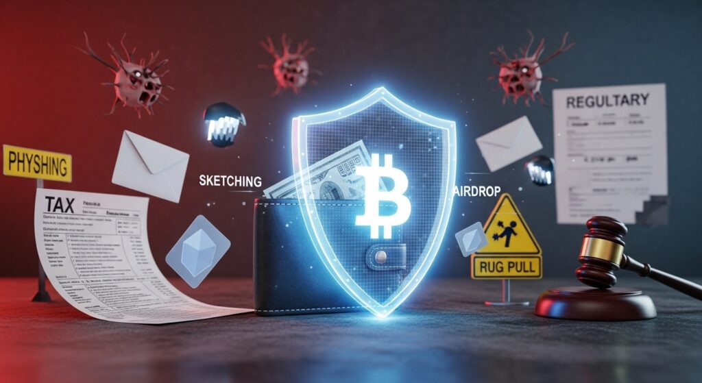 A digital wallet shielded in glowing blue, surrounded by phishing emails, airdrop links, and a 'rug pull' sign, with a tax form and regulatory gavel in the background, in a dramatic red and gray cybersecurity scene.