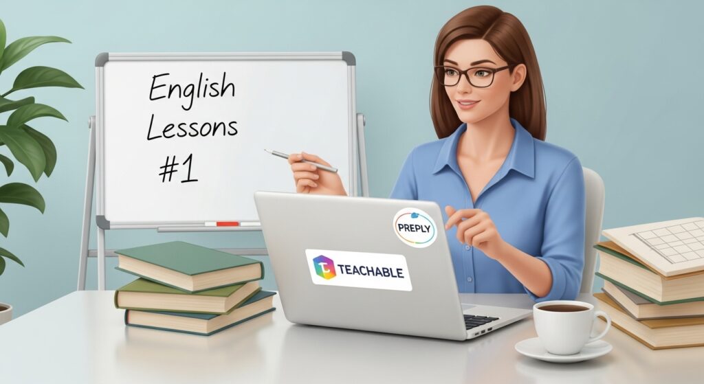 A realistic photo of an online tutor teaching via laptop with a student on screen, surrounded by books and a whiteboard with “English Lesson #1,” featuring a Preply sticker, illustrating online income opportunities through tutoring.