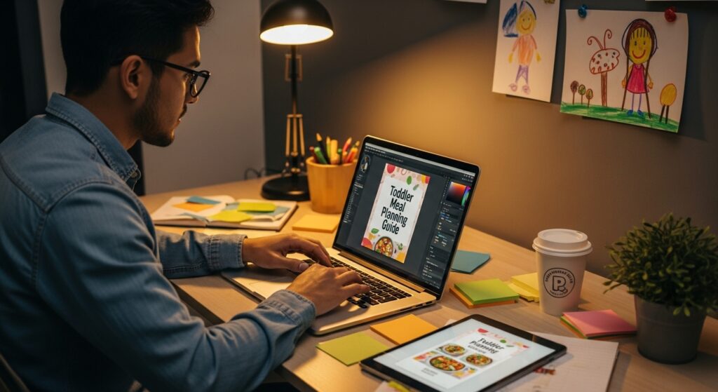 Male content creator designing toddler meal planning workbook on laptop in home office for parenting blog sales.