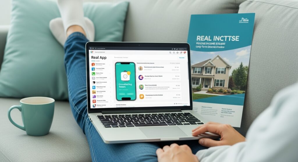 A realistic photo of someone on a couch with a laptop showing an app dashboard and a real estate brochure, with a coffee mug, illustrating passive income streams and online income opportunities.