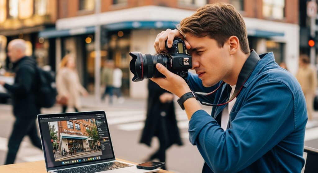 Male photographer shooting coffee shop photo for UGC, editing on laptop for brand licensing in urban setting.