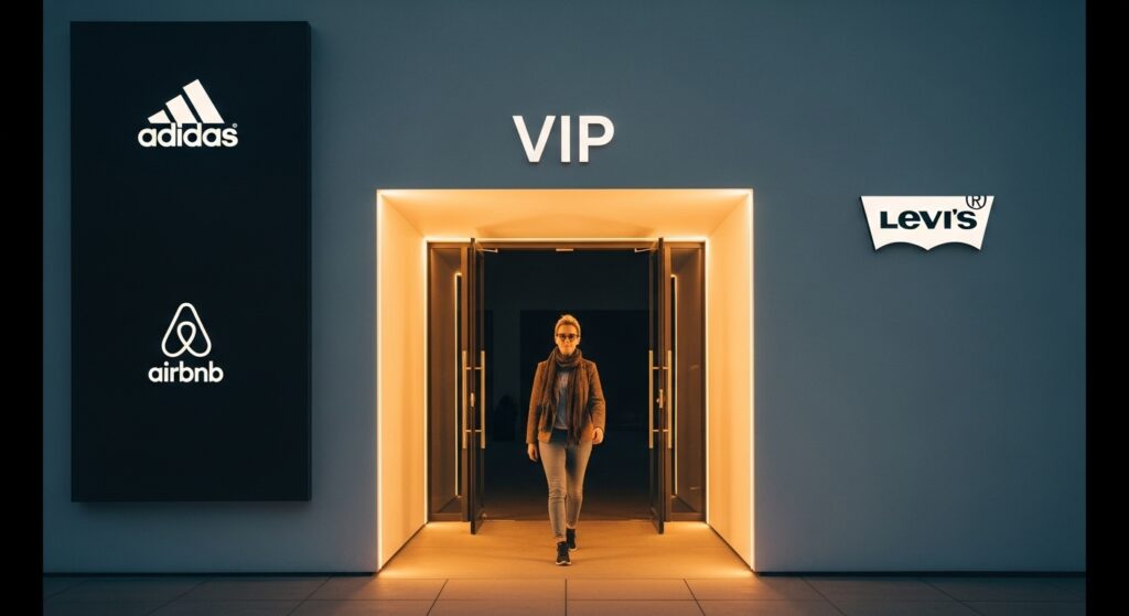 Blogger walking the red carpet to a VIP affiliate platform with brands like Airbnb and Adidas.