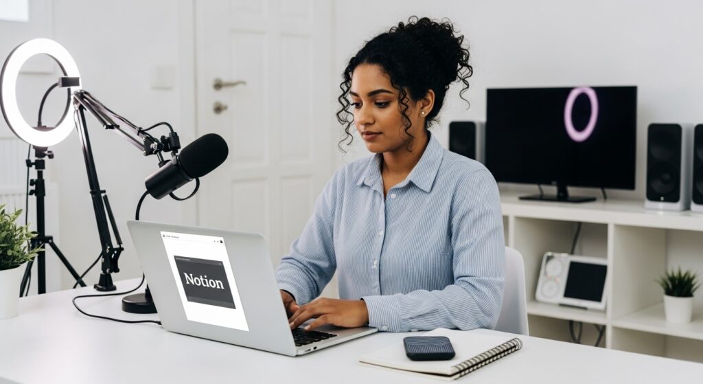 Female YouTuber editing productivity video with Notion template at minimalist desk for content monetization.