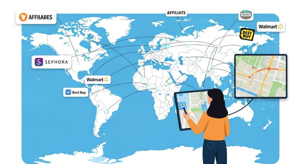 World map with brand icons connected by affiliate lines and a blogger navigating a cluttered dashboard.