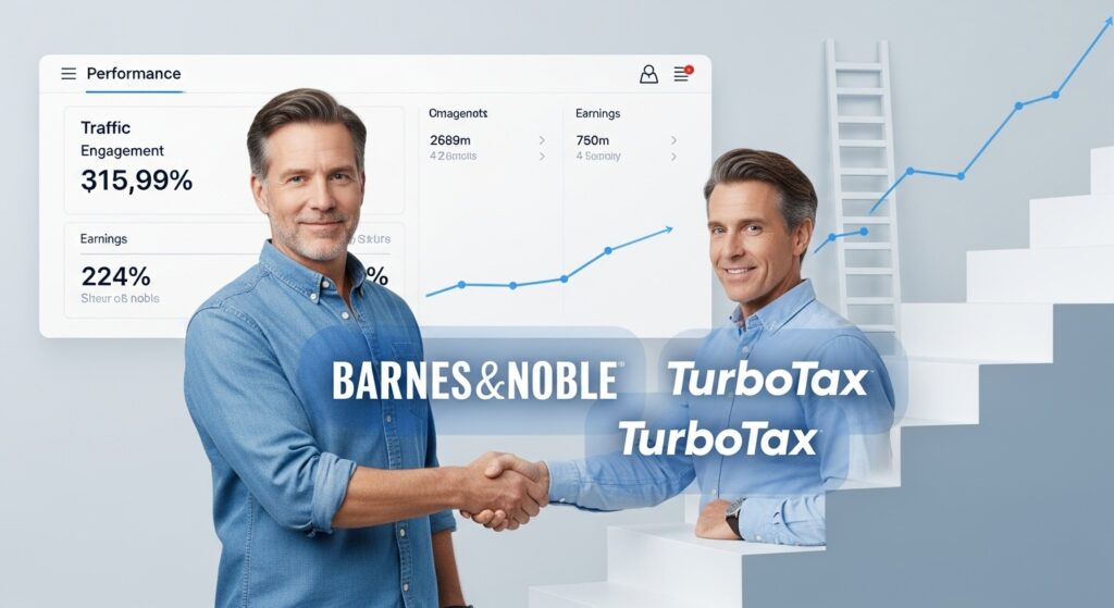 Blogger shaking hands with major brand logos and a graph showing growth.