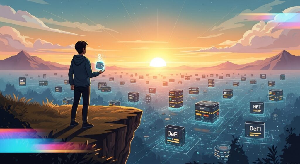 A person on a cliff holding a glowing crypto wallet, overlooking a digital landscape of blockchain nodes, NFT marketplaces, and DeFi protocols, with a hopeful sunrise in gold, orange, and pink tones.