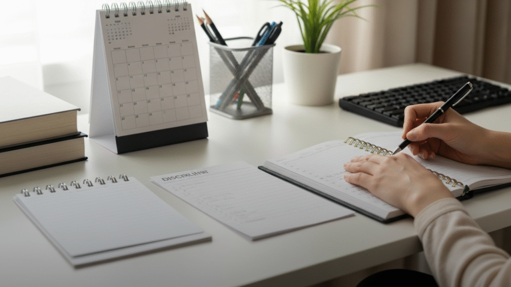 Organized home workspace with a planner, calendar, and to-do list, showing a person checking tasks to demonstrate self-management skills for remote work productivity.