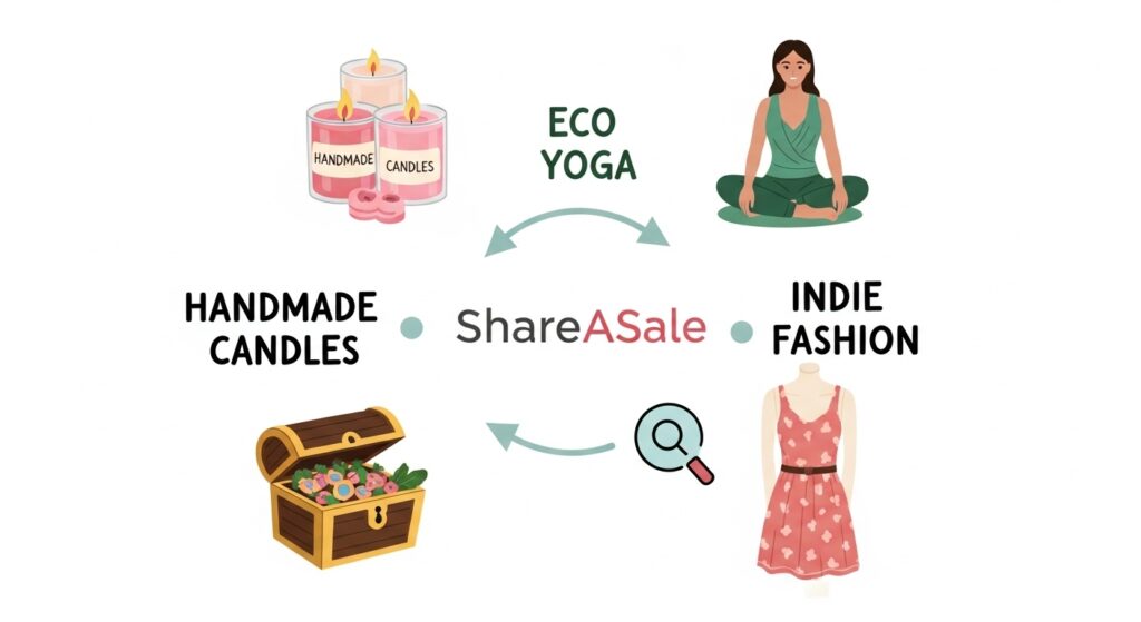 Niche blog themes like vegan fashion and handmade goods orbiting around the ShareASale logo.