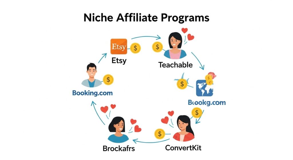 Icons of Booking.com, ConvertKit, Teachable, and Etsy with bloggers in specific niches connecting to them.