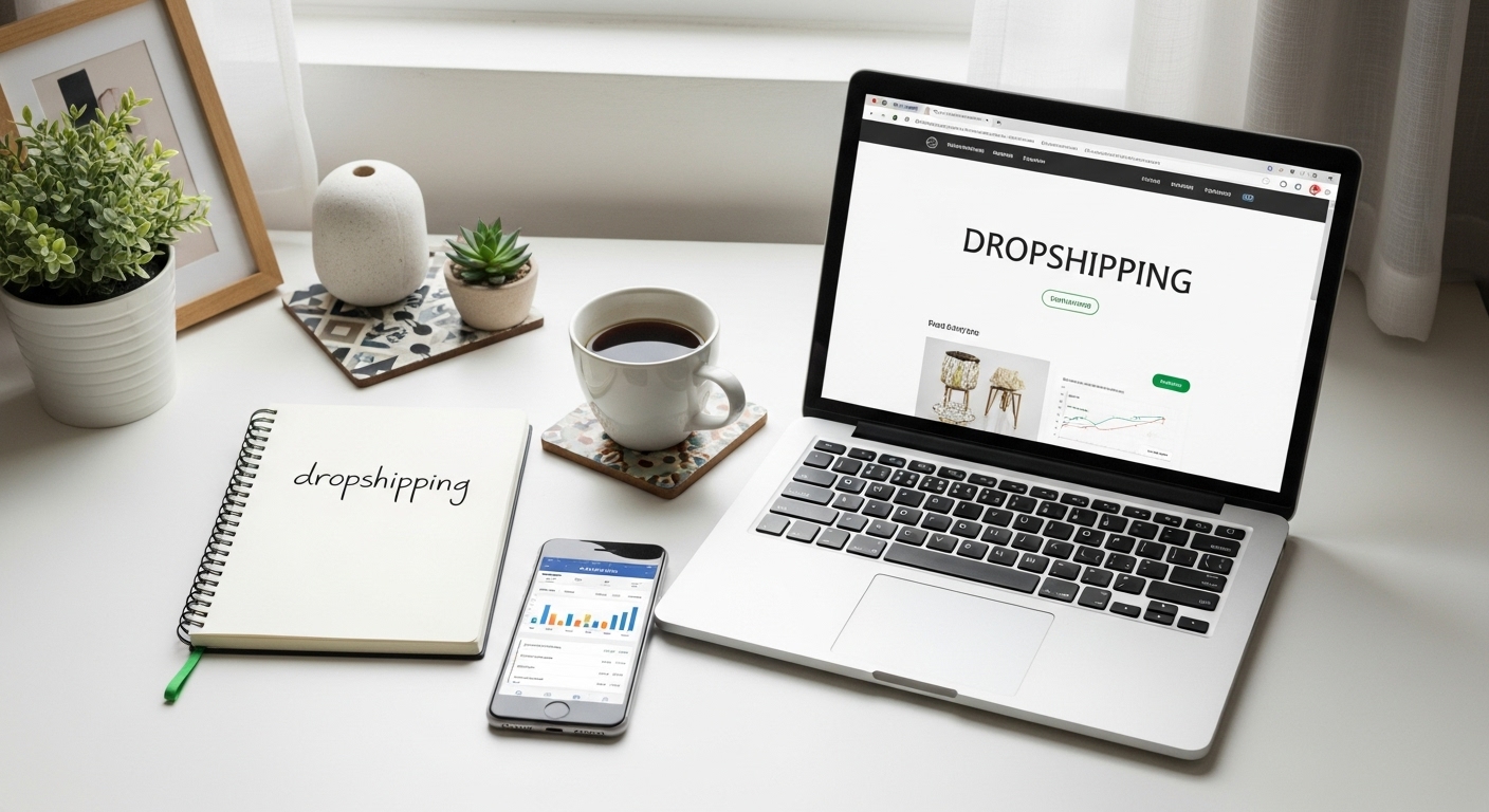 Top view of a workspace setup for launching a dropshipping business with minimal investment