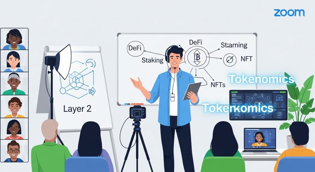 A crypto educator at a whiteboard with DeFi, staking, and NFT diagrams, streaming to a diverse Zoom audience, with holographic buzzwords like 'tokenomics' and 'layer 2,' in a clean, professional white, green, and blue aesthetic.