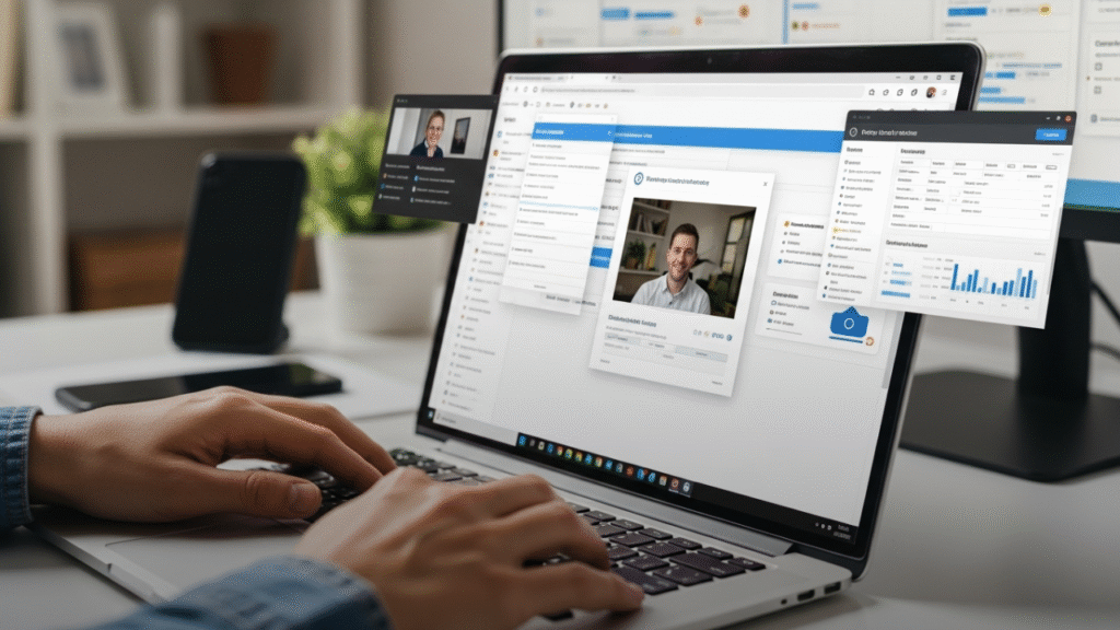 Close-up of hands typing on a laptop with multiple software windows open, including project management and video conferencing tools, in a tidy home office, showcasing technological fluency for remote work.