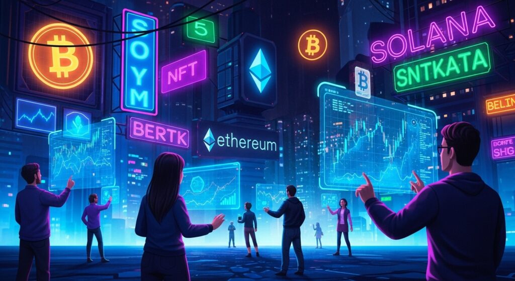 A futuristic digital cityscape glowing with neon crypto symbols like Bitcoin and Ethereum, where diverse individuals interact with holographic screens displaying charts, NFTs, and blockchain code, evoking opportunity and excitement.