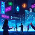 A futuristic digital cityscape glowing with neon crypto symbols like Bitcoin and Ethereum, where diverse individuals interact with holographic screens displaying charts, NFTs, and blockchain code, evoking opportunity and excitement.