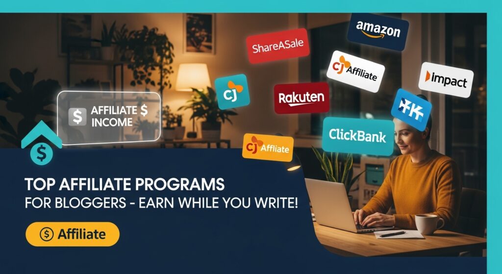 A professional blogger at a laptop surrounded by affiliate logos like Amazon and ClickBank, with a headline “Top Affiliate Programs for Bloggers – Earn While You Write”