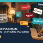 A professional blogger at a laptop surrounded by affiliate logos like Amazon and ClickBank, with a headline “Top Affiliate Programs for Bloggers – Earn While You Write”