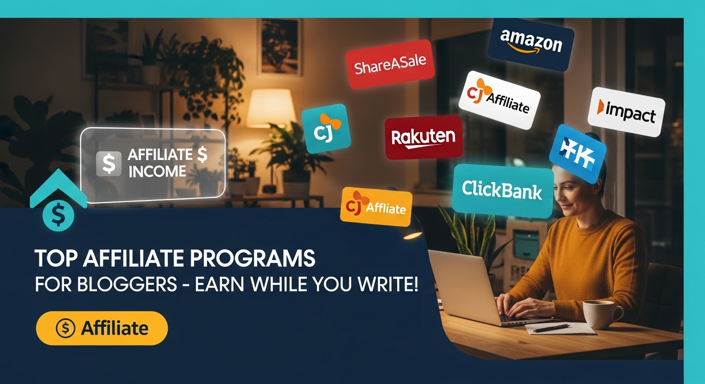 A professional blogger at a laptop surrounded by affiliate logos like Amazon and ClickBank, with a headline “Top Affiliate Programs for Bloggers – Earn While You Write”