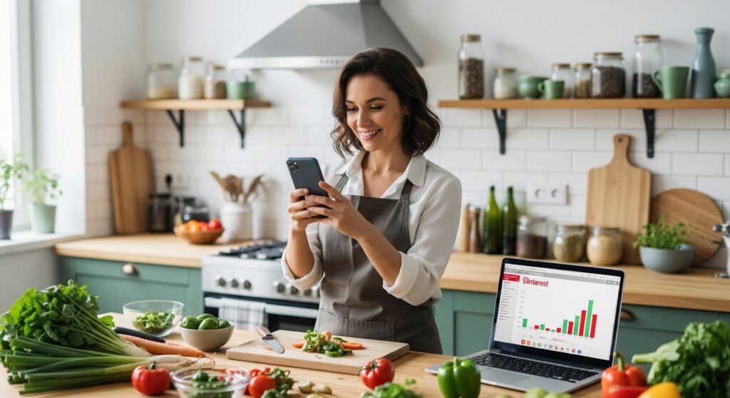 Female wellness blogger photographing plant-based recipe in kitchen for blog, boosting Pinterest monetization.